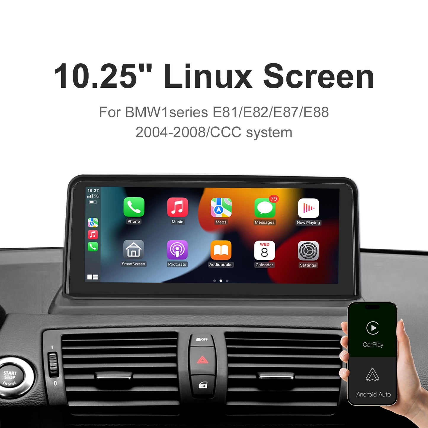 10,25 Zoll kabelloser CarPlay Android Auto Linux Mutilmedia-Bildschirm, kompatibel mit 1er-Serie E82 E87 E88 (2004–2012).