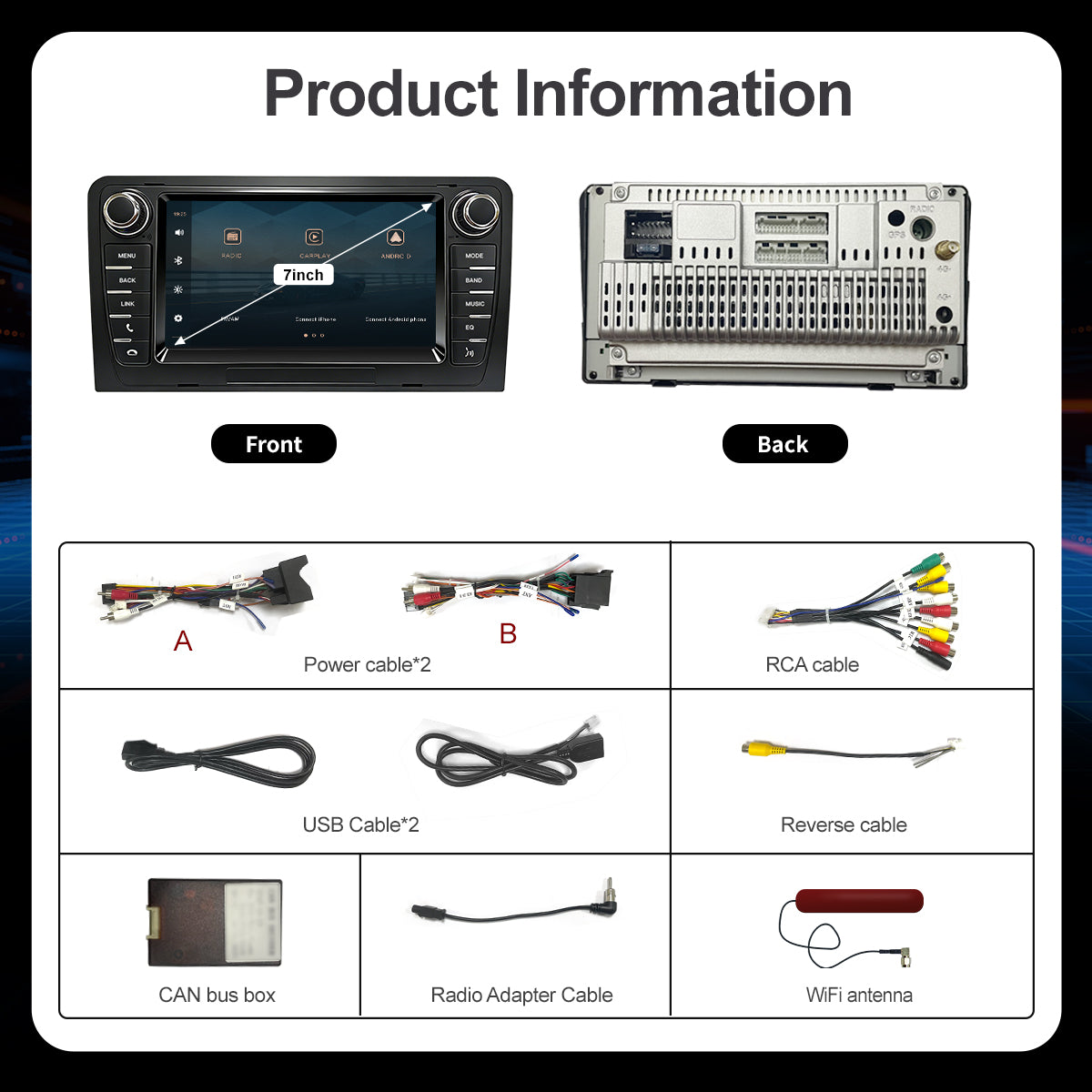 7" Car Stereo Radio Head Unit Multimedia Screen For Audi A3 Wireless CarPlay Android Auto