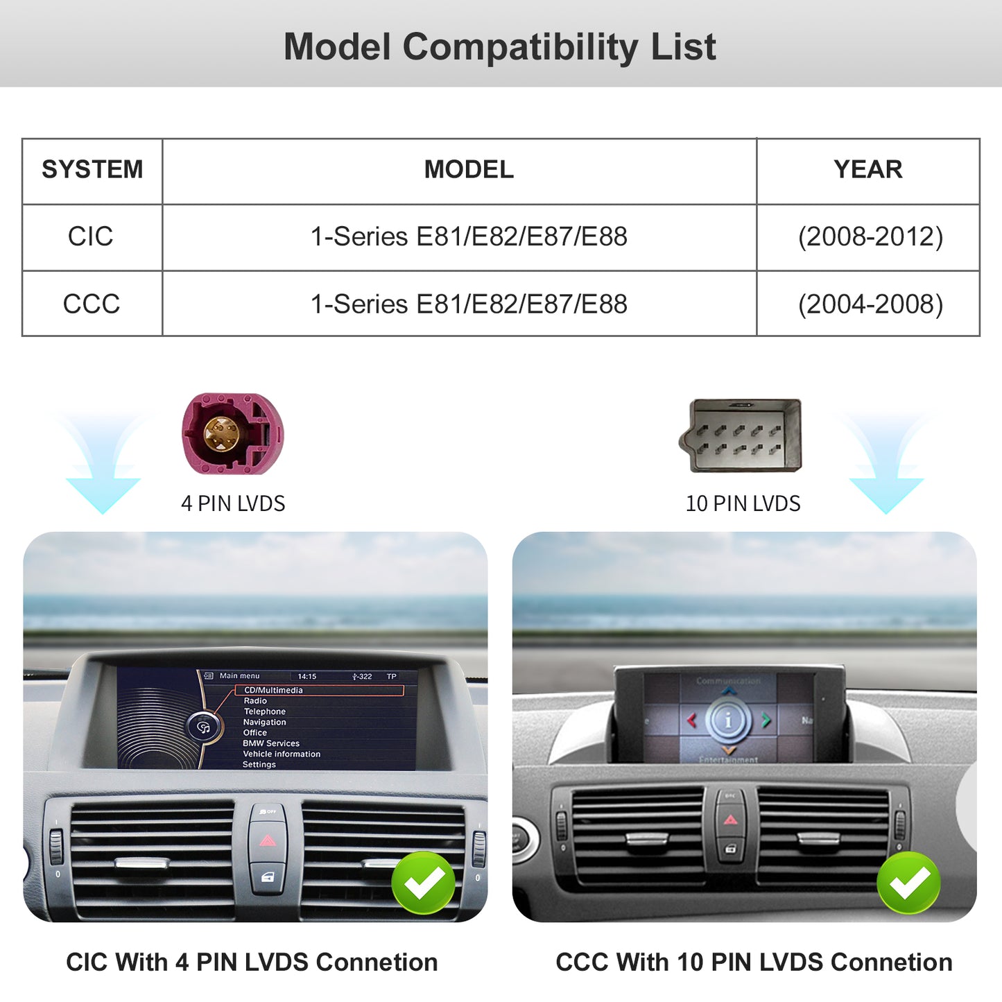 10,25 Zoll kabelloser CarPlay Android Auto Linux Mutilmedia-Bildschirm, kompatibel mit 1er-Serie E82 E87 E88 (2004–2012).