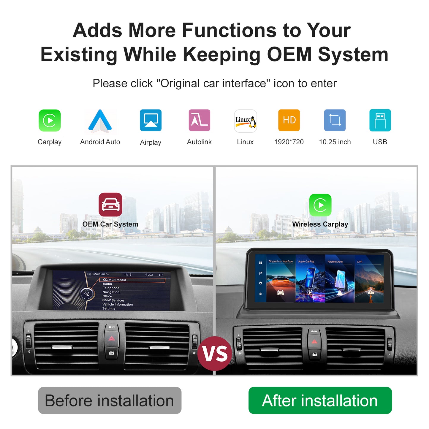 10,25 Zoll kabelloser CarPlay Android Auto Linux Mutilmedia-Bildschirm, kompatibel mit 1er-Serie E82 E87 E88 (2004–2012).