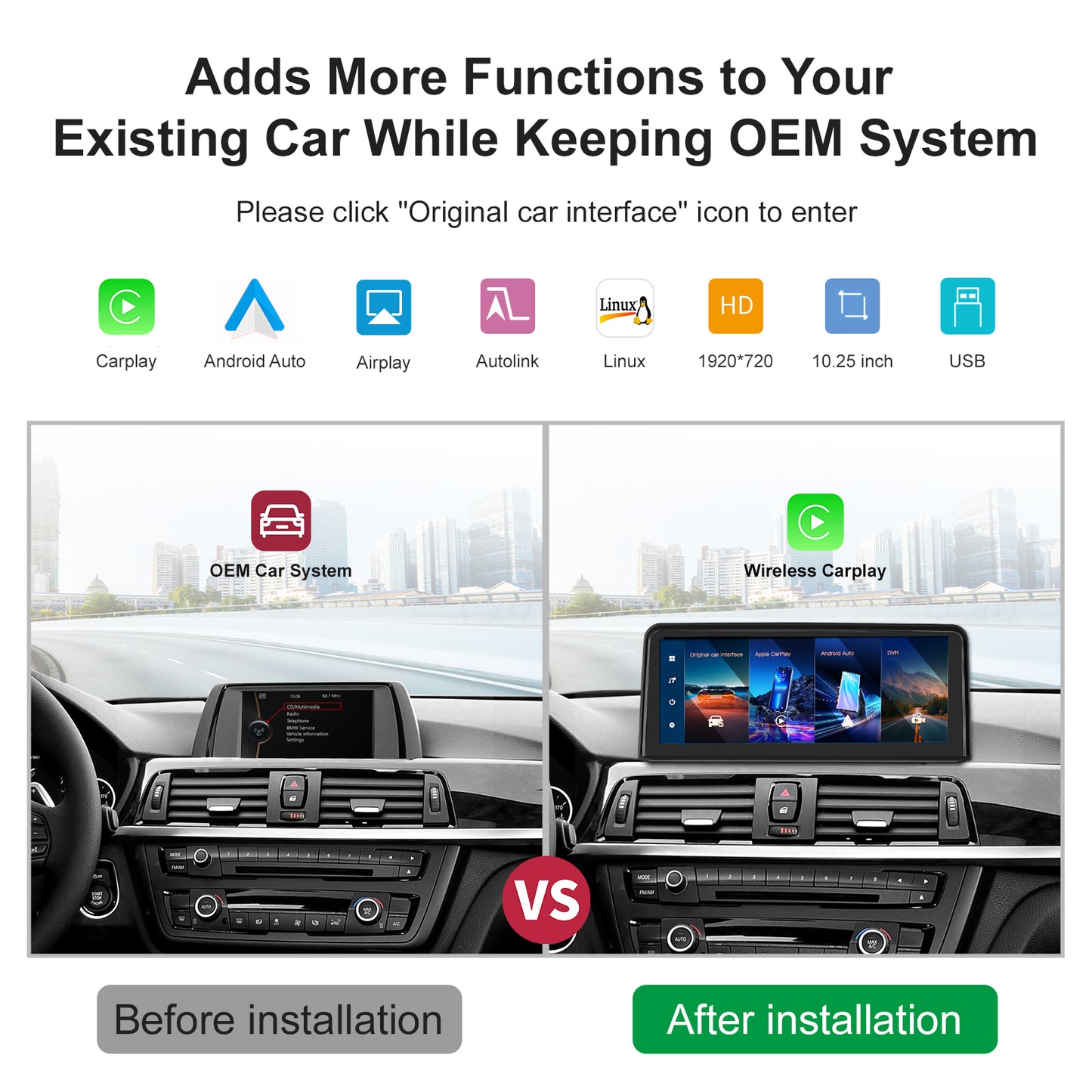 10,25 Zoll kabelloser CarPlay Android Auto Linux Multimedia-Bildschirm, kompatibel mit BMW 3er/4er F30~F33 (2012-2016)