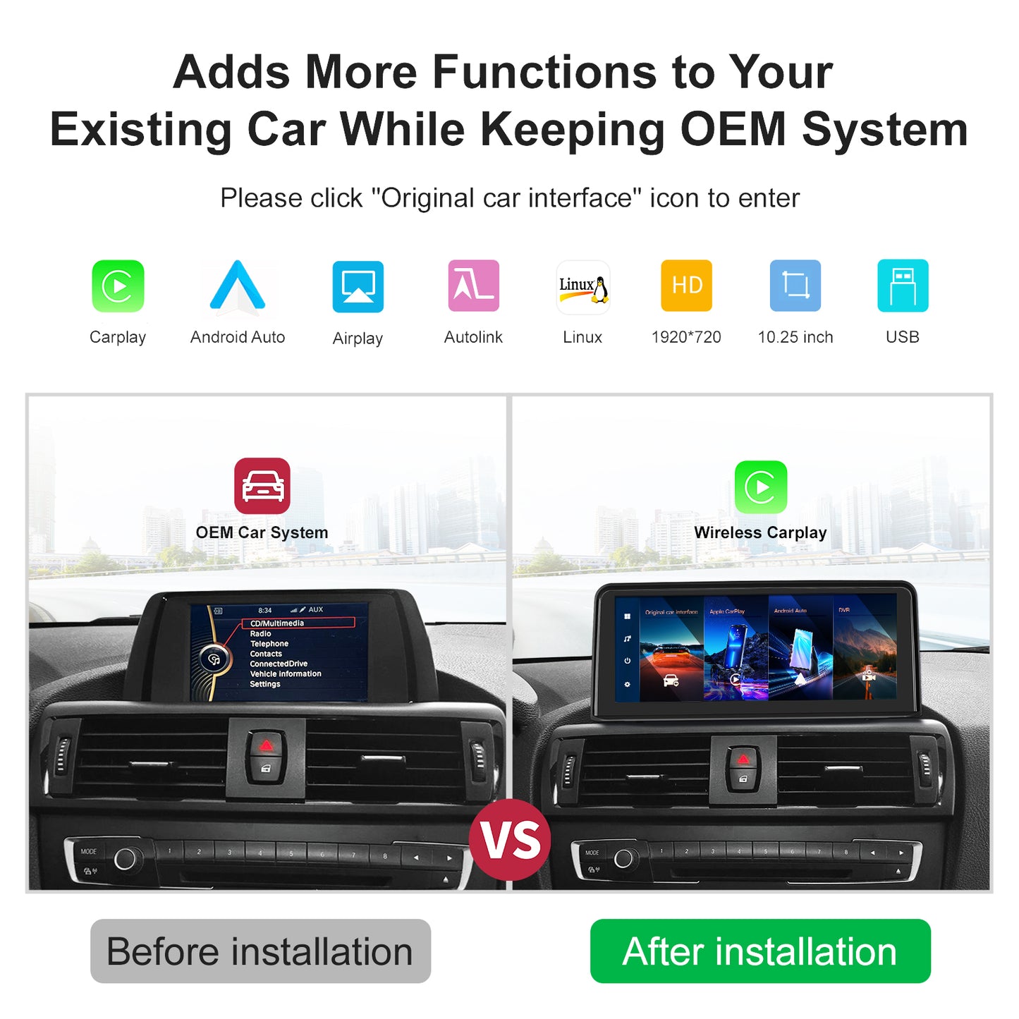 10.25 inch Wireless CarPlay Android Auto Linux Multimedia Screen Compatible With BMW 1 Series F20~F23 (2012-2015)