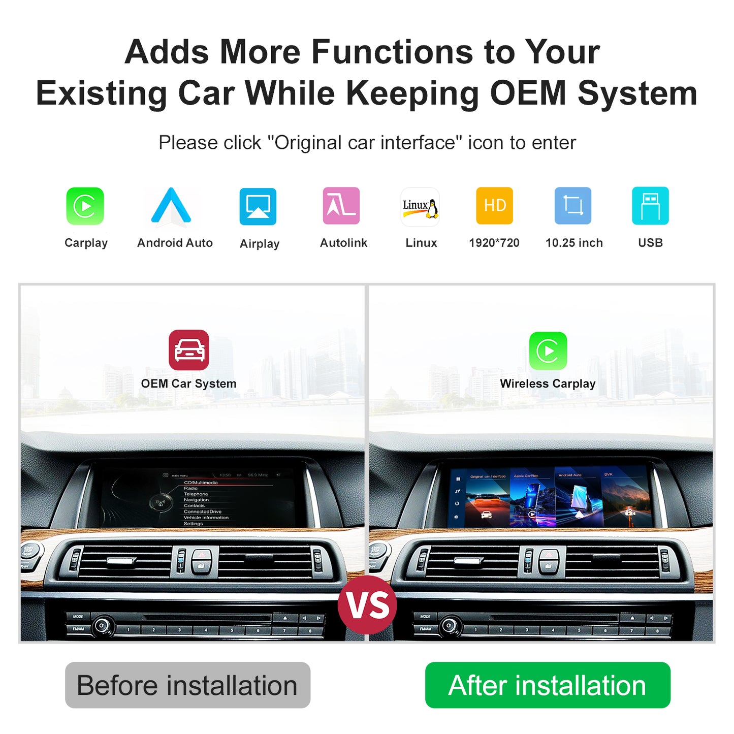 10,25 Zoll kabelloser CarPlay Android Auto Linux Multimedia-Bildschirm, kompatibel mit BMW 5er F10 F11 (2012–2016)