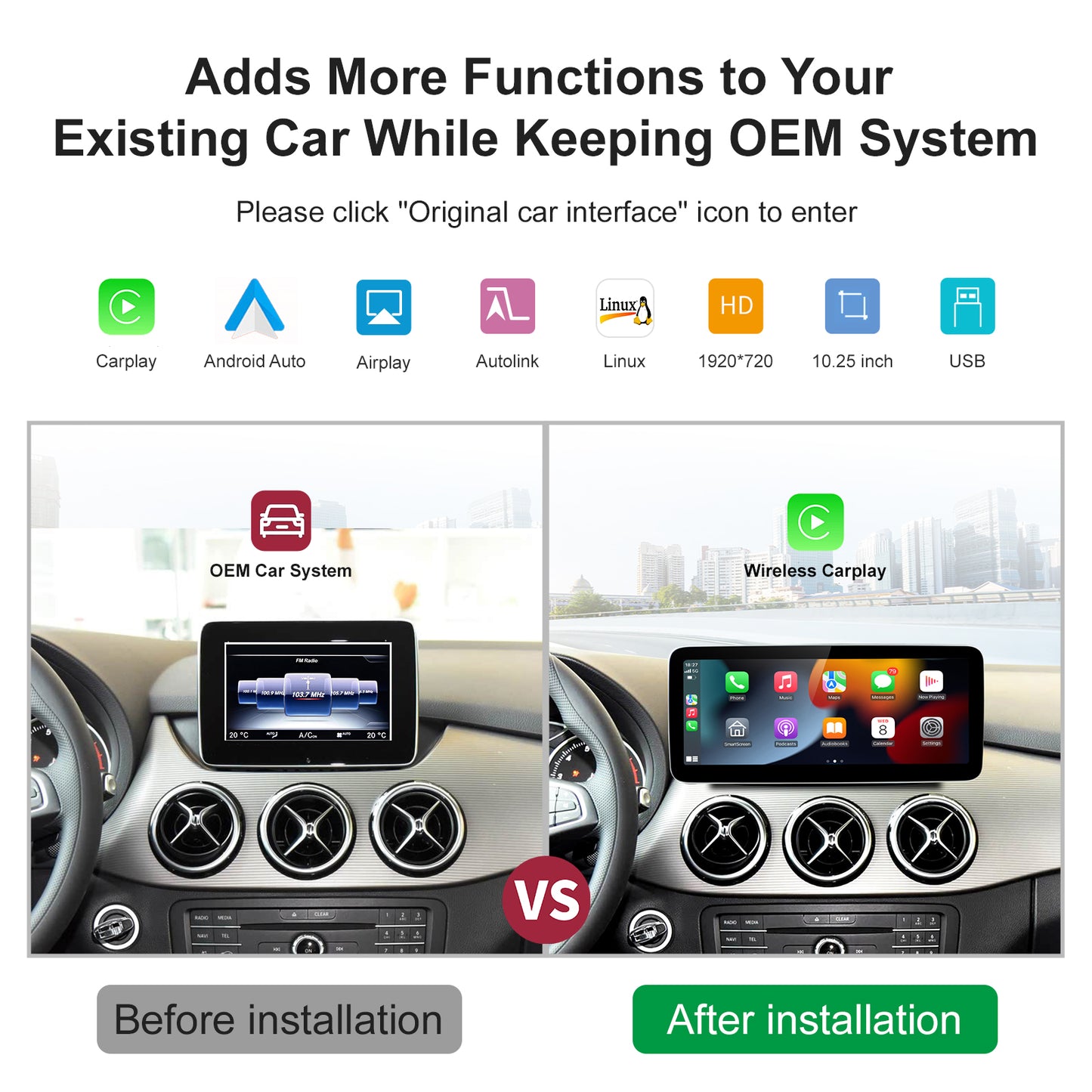 Kabelloser CarPlay Android Auto Linux Multimedia-Bildschirm, kompatibel mit Mercedes Benz NTG 5.0 (2015–2019)