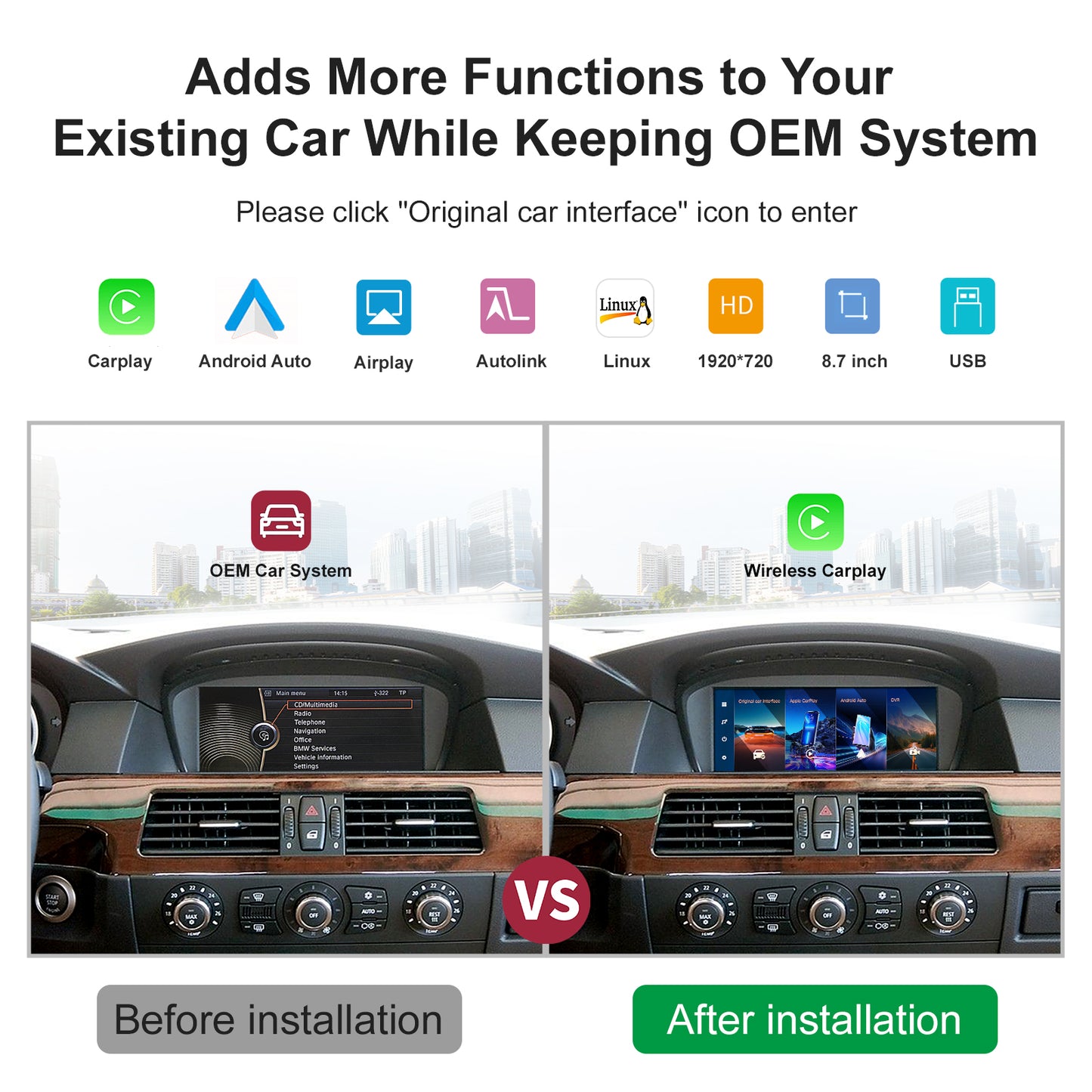 8.9 inch Wireless CarPlay Android Auto Linux Multimedia Screen Compatible With BMW 3/5 Series E60~E93 (2004-2012)