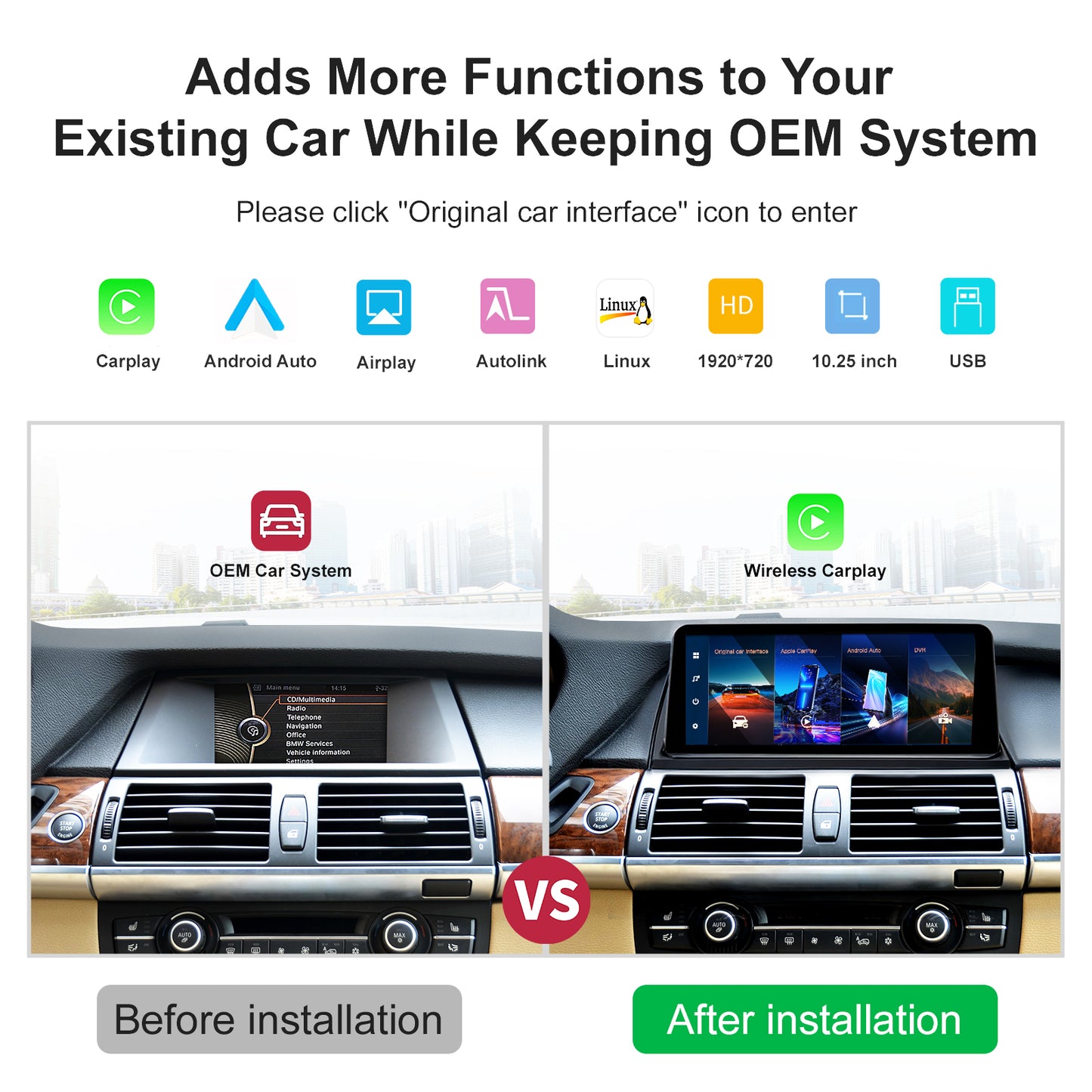 10.25 inch Wireless CarPlay Android Auto Linux Multimedia Screen Compatible With BMW X5 X6 E70 E71 (2007-2017)