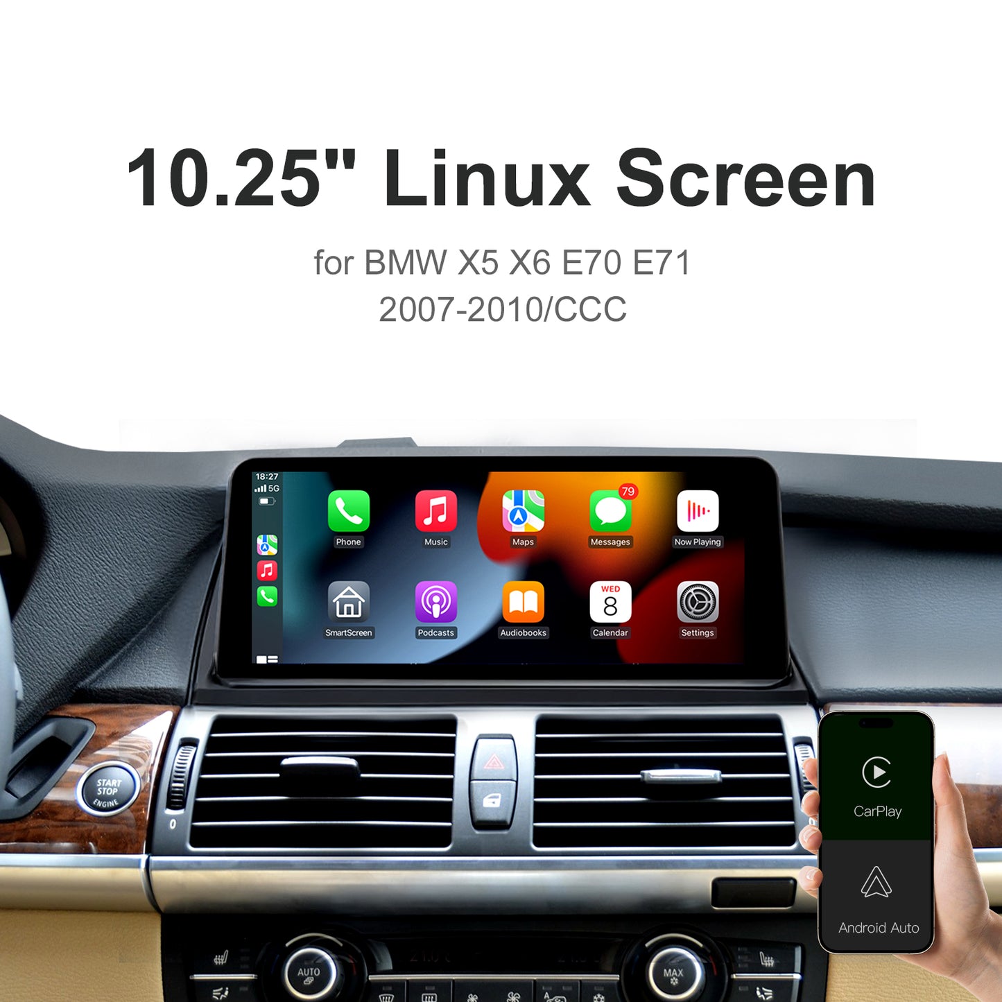 10,25 Zoll kabelloser CarPlay Android Auto Linux Multimedia-Bildschirm, kompatibel mit BMW X5 X6 E70 E71 (2007–2017)