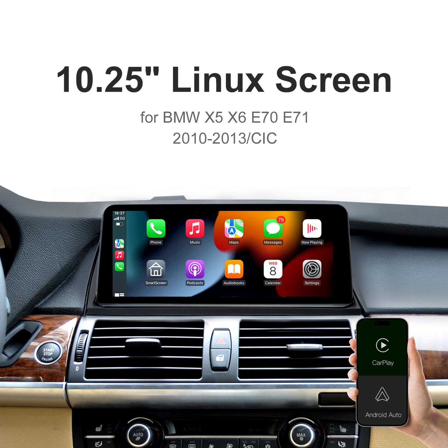 10,25 Zoll kabelloser CarPlay Android Auto Linux Multimedia-Bildschirm, kompatibel mit BMW X5 X6 E70 E71 (2007–2017)
