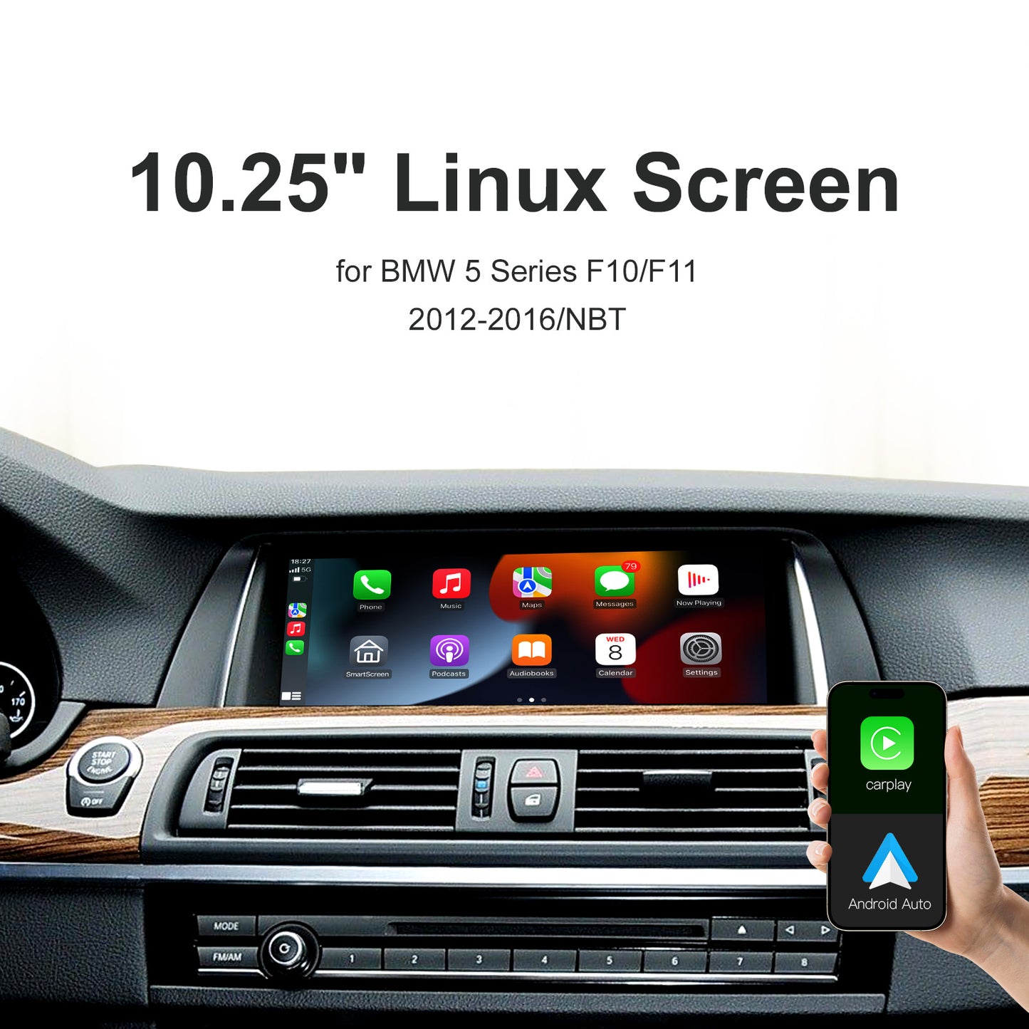 10,25 Zoll kabelloser CarPlay Android Auto Linux Multimedia-Bildschirm, kompatibel mit BMW 5er F10 F11 (2012–2016)