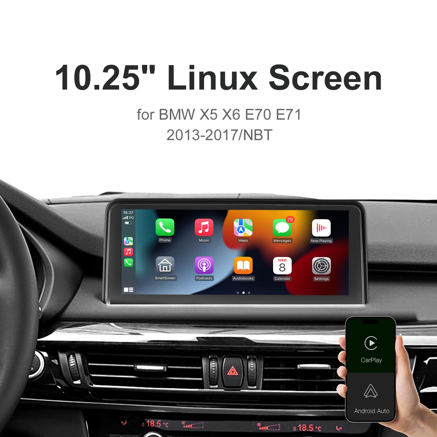 10,25 Zoll kabelloser CarPlay Android Auto Linux Multimedia-Bildschirm, kompatibel mit BMW X5 X6 E70 E71 (2007–2017)