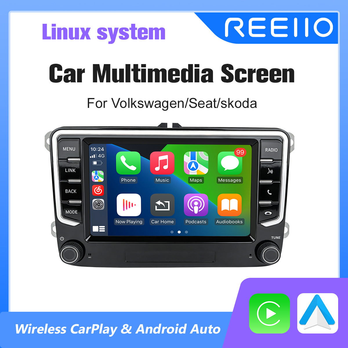7" Car Stereo Radio Head Unit Multimedia Screen For Volkswagen Wireless CarPlay Android Auto
