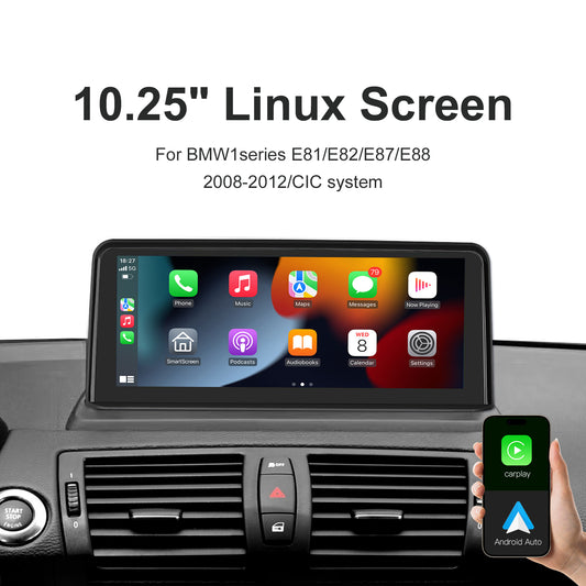 10,25 Zoll kabelloser CarPlay Android Auto Linux Mutilmedia-Bildschirm, kompatibel mit 1er-Serie E82 E87 E88 (2004–2012).