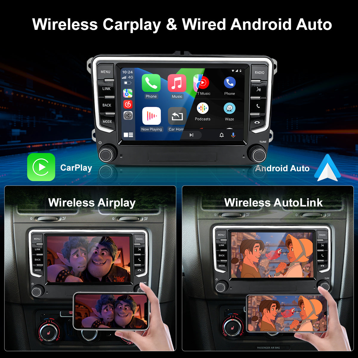 7" Car Stereo Radio Head Unit Multimedia Screen For Volkswagen Wireless CarPlay Android Auto