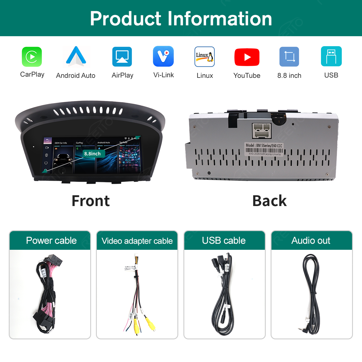8.8" Wireless CarPlay Screen for BMW 3/5 Series E60 E90 – Supports YouTube