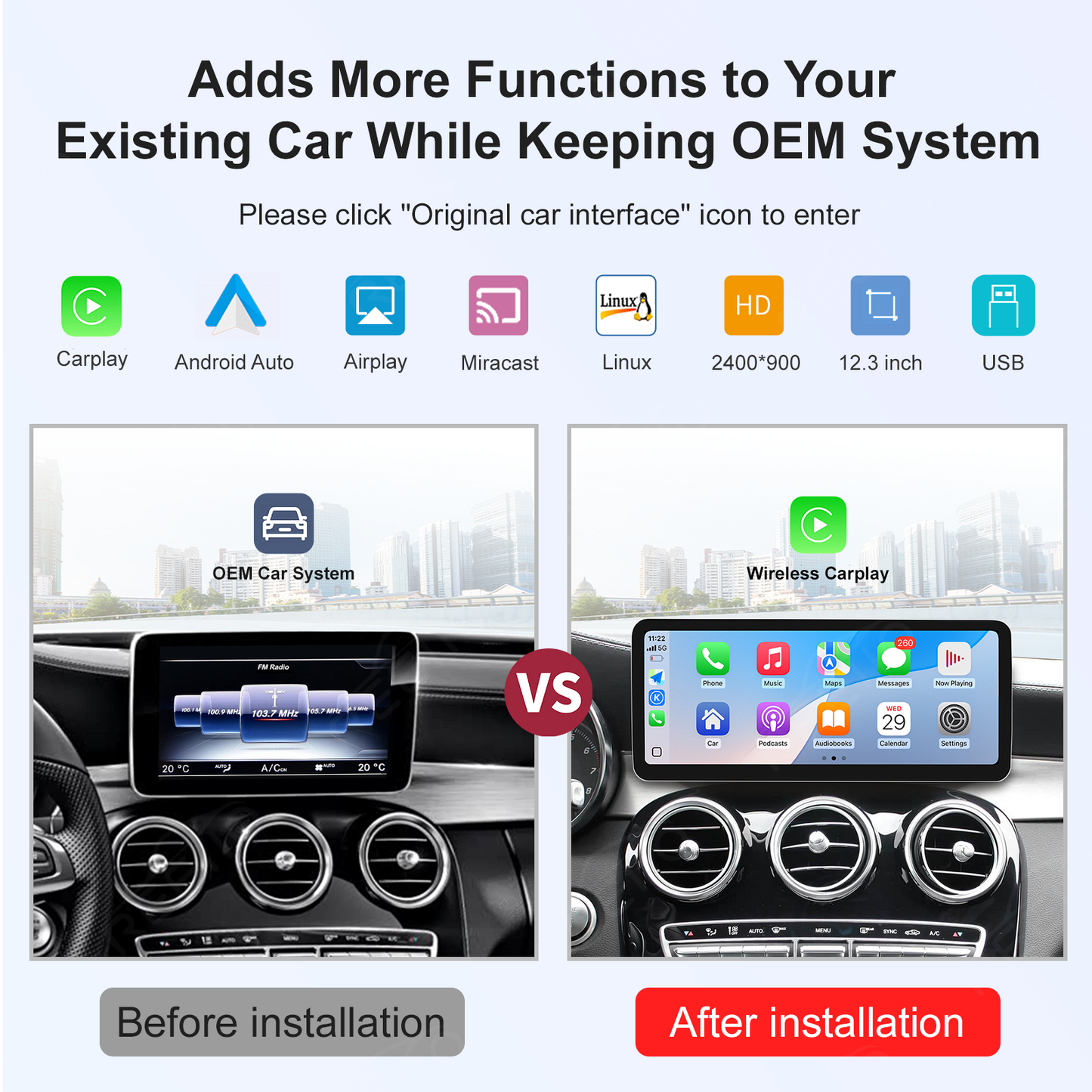 12.3" Ultra-Slim 2400x900 CarPlay Screen for Mercedes C/GLC NTG5.0