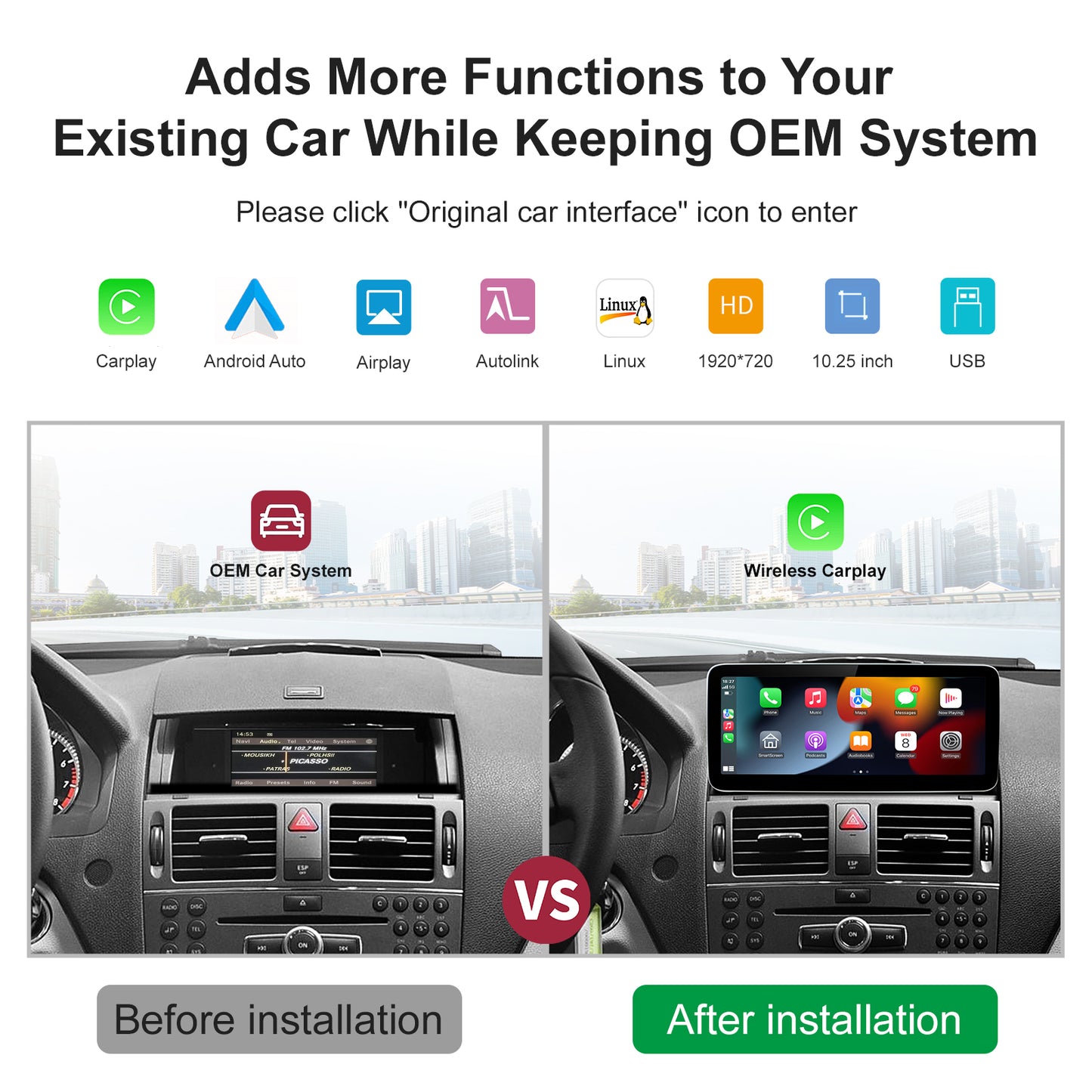 Kabelloser CarPlay Android Auto Linux Multimedia-Bildschirm, kompatibel mit Mercedes Benz NTG4.0 (2008–2012)