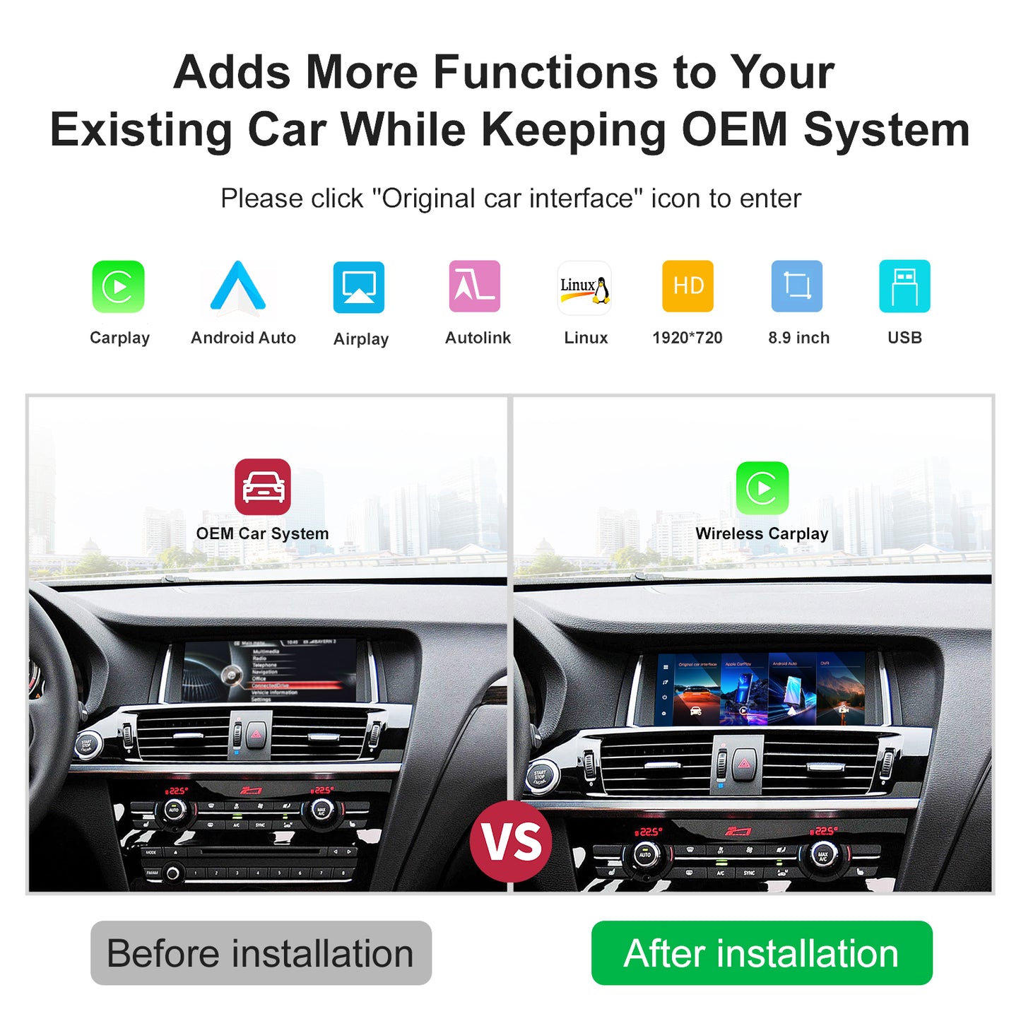 8.9 inch Wireless CarPlay Android Auto Linux Multimedia Screen Compatible With BMW X3/X4 F25/F26