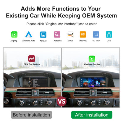 10,25 Zoll kabelloser CarPlay Android Auto Linux Multimedia-Bildschirm, kompatibel mit BMW 3er/5er-Serie E60~E93 (2004-2012)