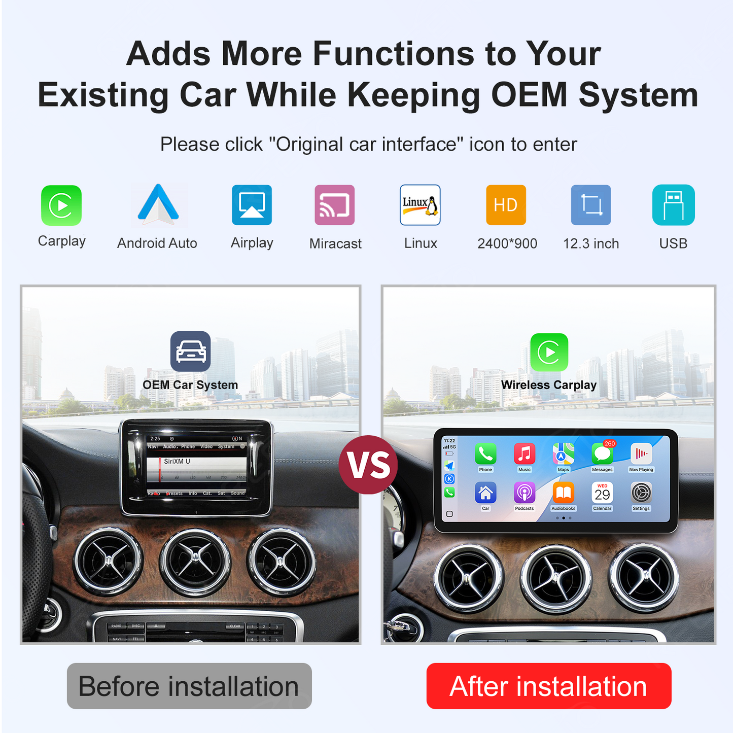 12.3" Ultra-Slim 2400x900 CarPlay Screen for Mercedes NTG4.5/NTG5.0