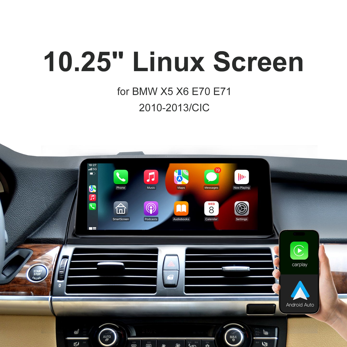 10,25 Zoll kabelloser CarPlay Android Auto Linux Multimedia-Bildschirm, kompatibel mit BMW X5 X6 E70 E71 (2007–2017)