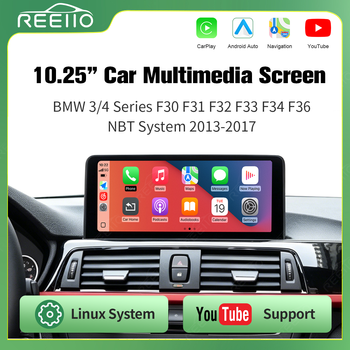 10.25" Wireless CarPlay Screen for BMW 3/4Series F30 – Supports YouTube