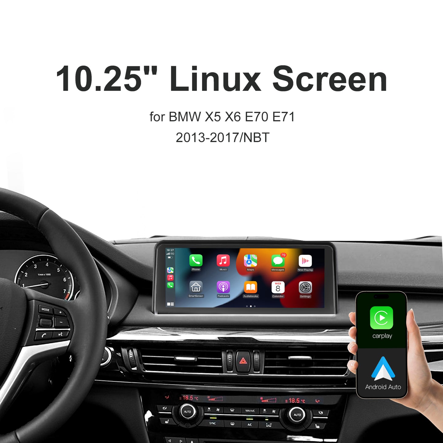 10,25 Zoll kabelloser CarPlay Android Auto Linux Multimedia-Bildschirm, kompatibel mit BMW X5 X6 E70 E71 (2007–2017)